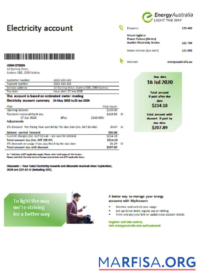Downloadable Australia Energy Australia electricity utility bill template in Word and PDF format